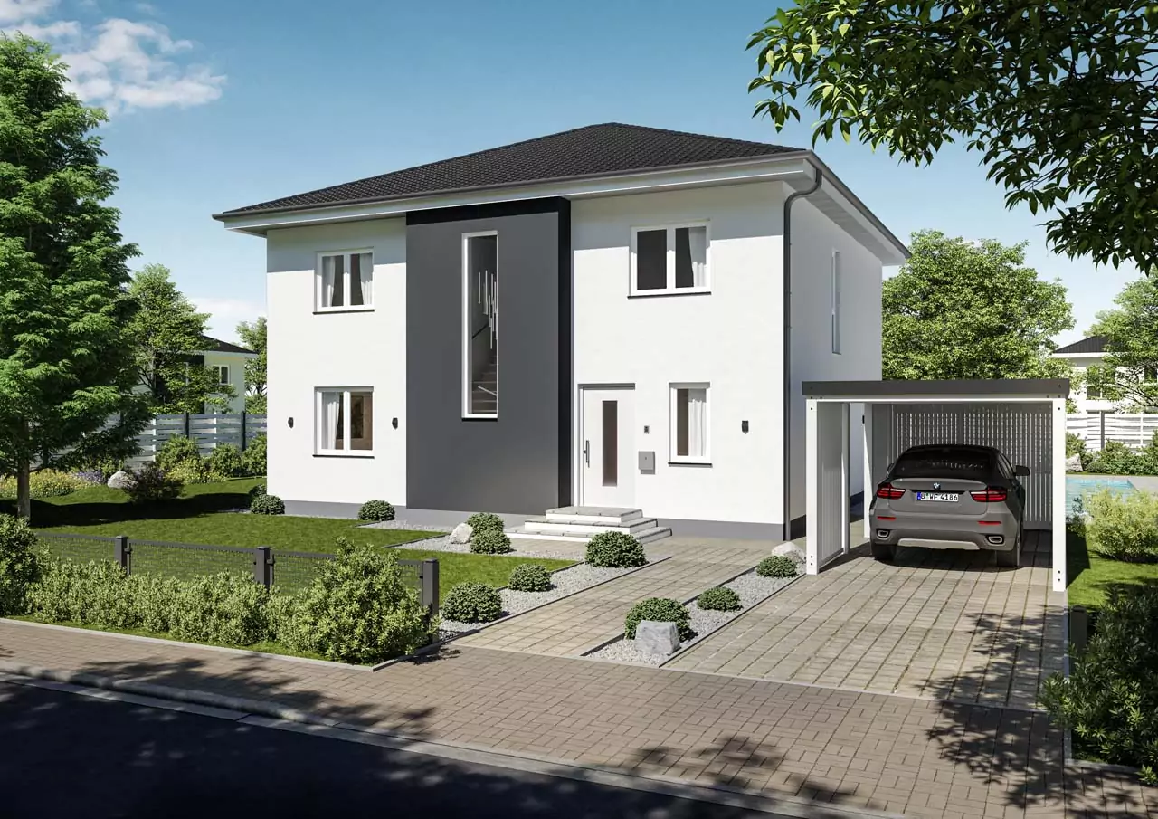 Massivhaus bauen: Modernes Mehrfamilienhaus mit Zeltdach, hellen Fassaden und klarer Architektur, umgeben von Grünflächen.
