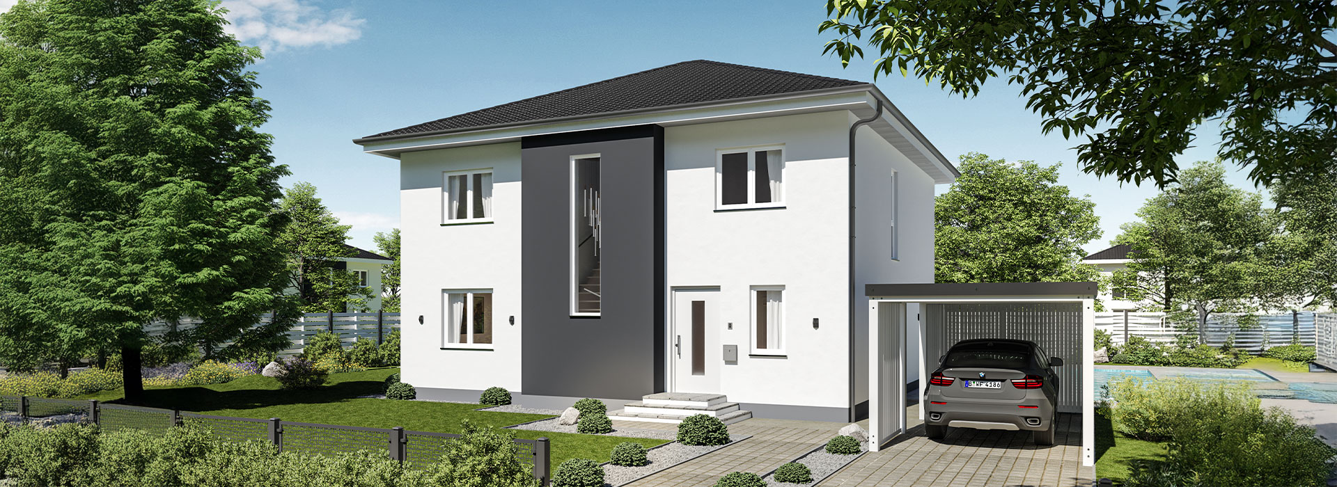 Mehrfamilienhaus: Ein weißes Mehrfamilienhaus mit grauen Akzenten von BRALE