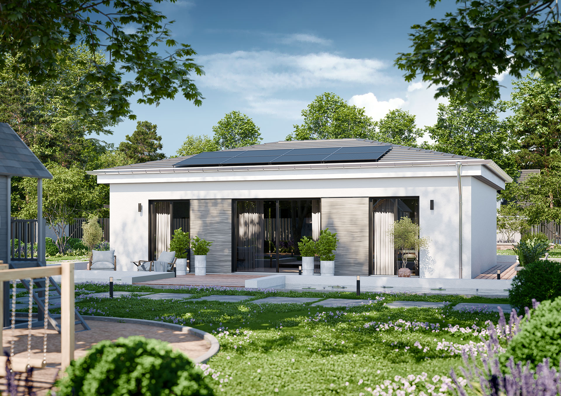 Bungalow bauen: Moderner Massivhaus-Bungalow mit Walmdach, großzügiger Terrasse und bodentiefen Fenstern.