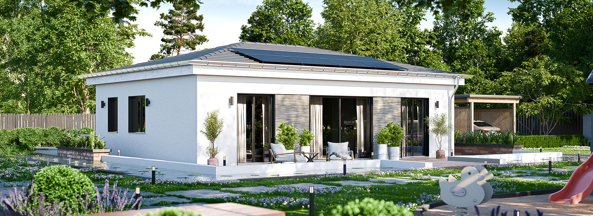 Bungalow bauen: Moderner Massivhaus-Bungalow mit Walmdach, großzügiger Terrasse und bodentiefen Fenstern.